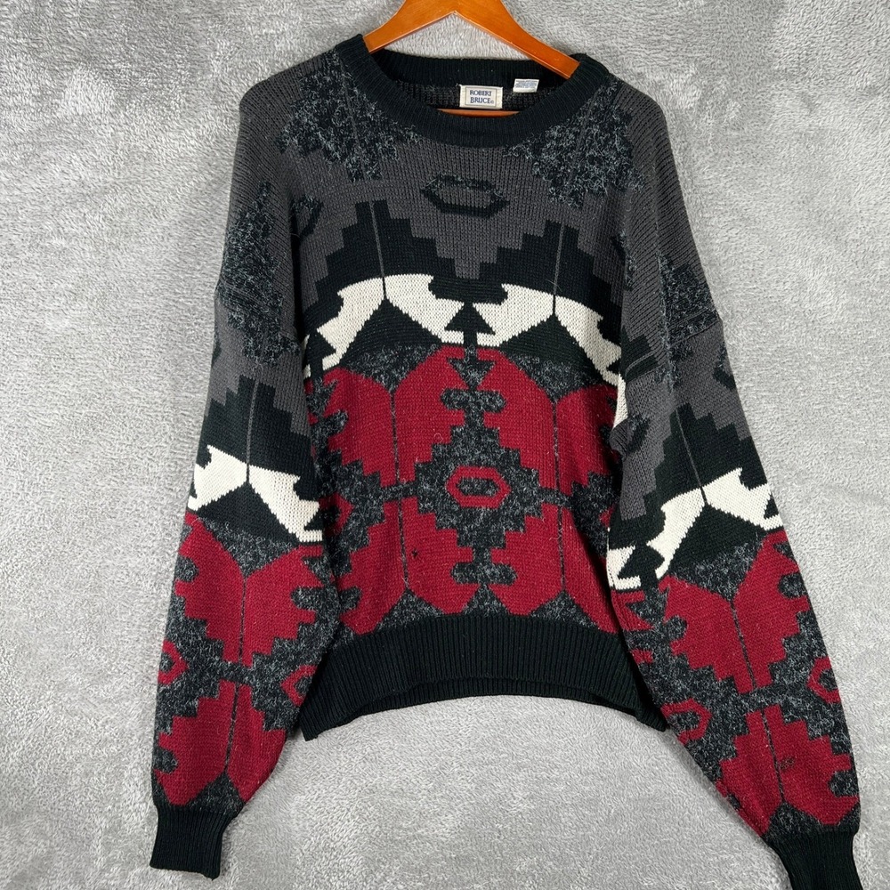 Vintage Robert Bruce Sweater Mens Large Gray Aztec Knit Retro 90s Pullover